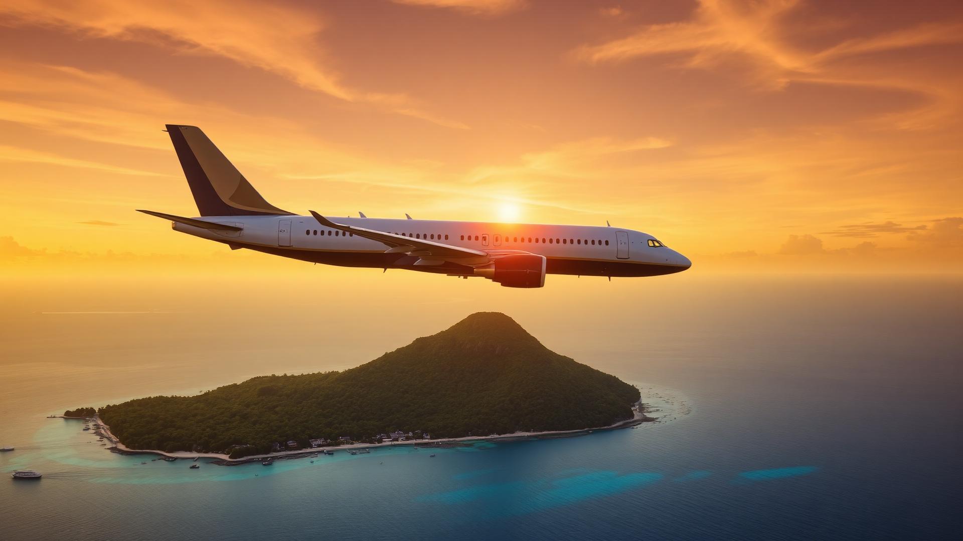 Avión sobrevolando una isla al atardecer