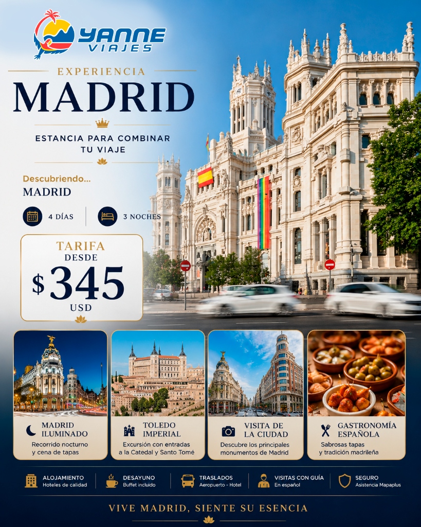 Flyer de la promoción Experiencia Madrid & Toledo — Yanne Viajes